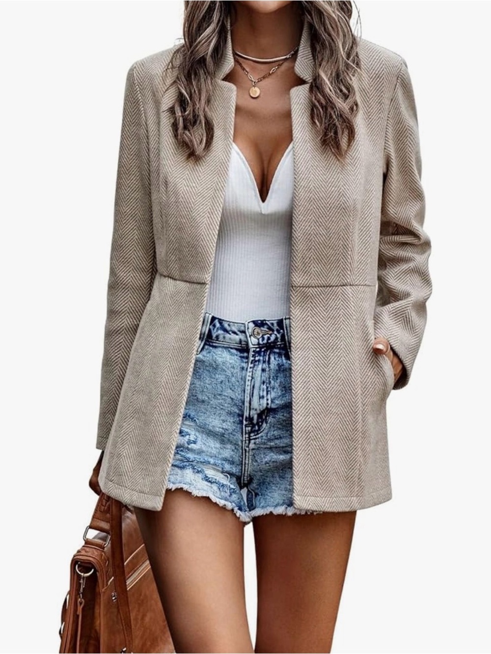 Apricot/Cream Chevron Notch Collar Open Coat